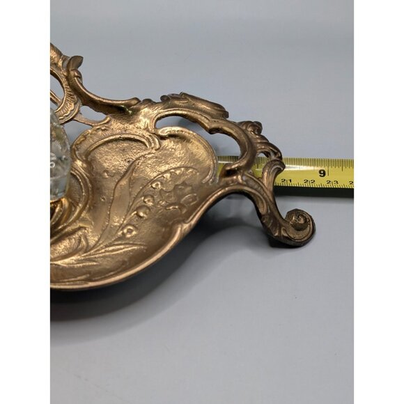 Vintage Brass Ornate Floral Inkwell with Glass Bottle & Lid - Picture 8 of 13